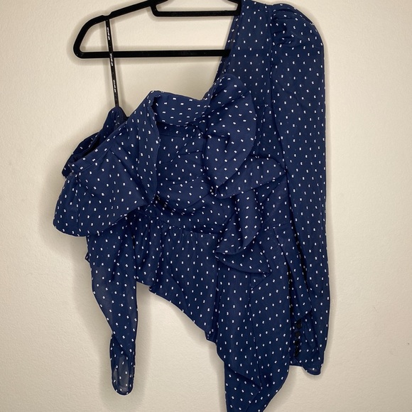 Self-Portrait Plumetis Frill One Shoulder Blouse Navy Blue Polka Dot Size 6 - Picture 7 of 16